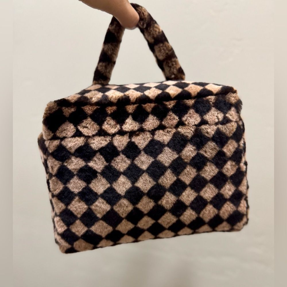 Checkerboard Real Shearling Leather Handmade Boxy Bag Set/Lamb Fur Crossbody Bag - Picture 10 of 16